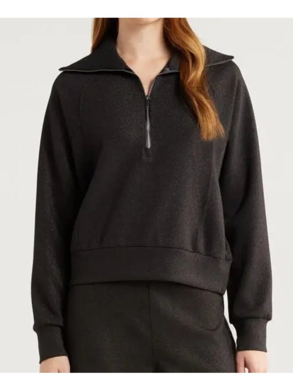 Spanx AirEssentials Half Zip Shimmer Very Black Gunmetal Shine Henley Sweater M